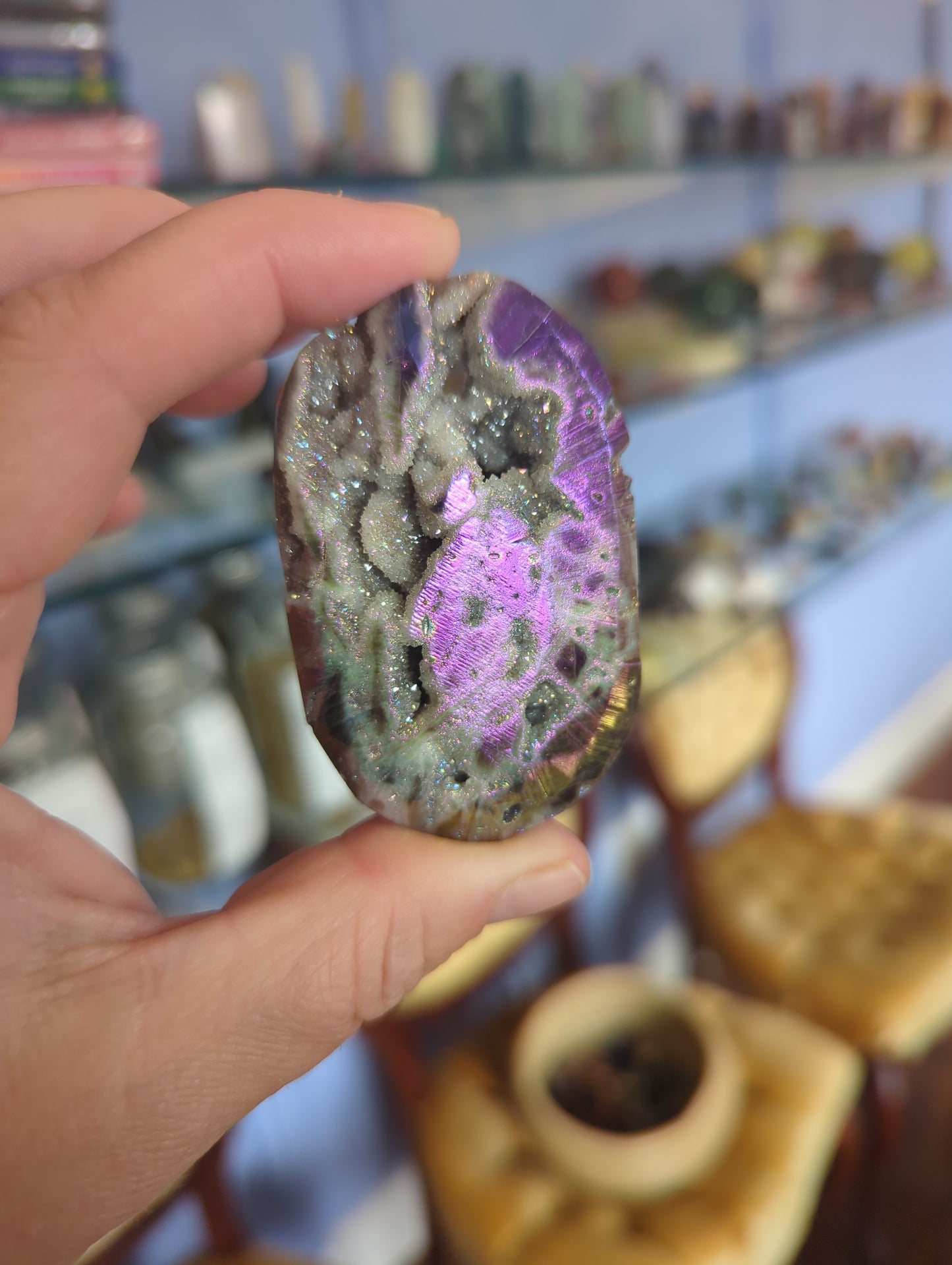 Iridescent Aura Sphalerite Crystal Palm Stone - Unique Display Specimen