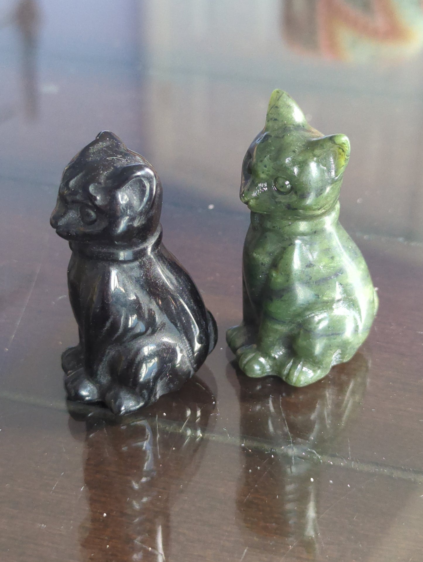 Obsidian & Jade Cat Carvings - Hand-Carved Gemstone Statues (5.5cm)