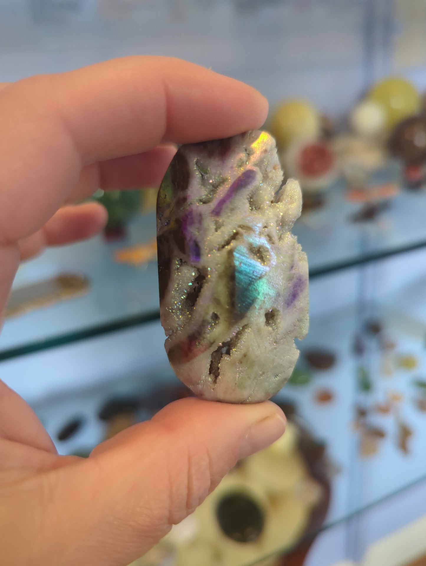 Iridescent Aura Sphalerite Crystal Palm Stone - Unique Display Specimen