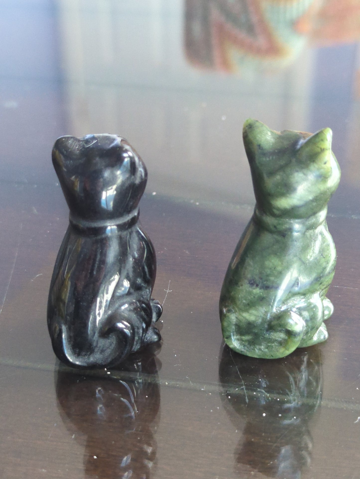 Obsidian & Jade Cat Carvings - Hand-Carved Gemstone Statues (5.5cm)