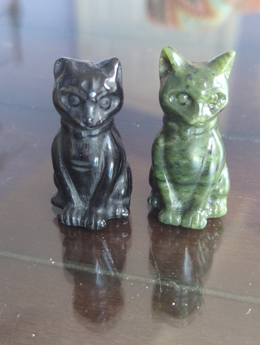 Obsidian & Jade Cat Carvings - Hand-Carved Gemstone Statues (5.5cm)